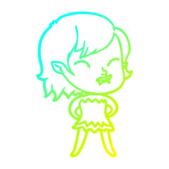cold gradient line drawing cartoon vampire girl with blood on cheek