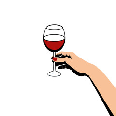 Hand holding a glass of red wine. Template vector illustration