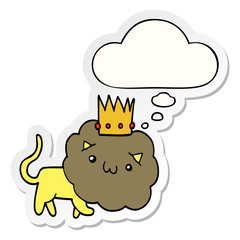 cartoon lion with crown and thought bubble as a printed sticker