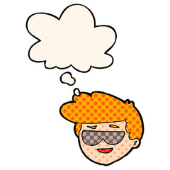 cartoon boy wearing sunglasses and thought bubble in comic book style