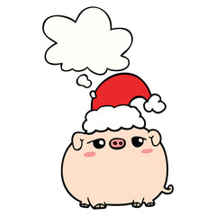 cartoon pig wearing christmas hat and thought bubble