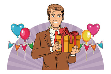 man avatar with gift box pop art