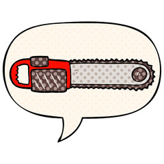 cartoon chainsaw and speech bubble in comic book style