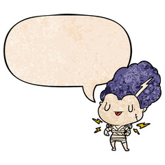 cartoon undead monster bride woman and speech bubble in retro texture style