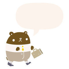 cartoon bear in work clothes and speech bubble in retro style