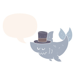 cartoon shark wearing top hat and speech bubble in retro style