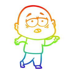 rainbow gradient line drawing cartoon tired bald man