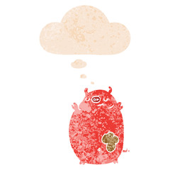 cartoon fat pig and thought bubble in retro textured style