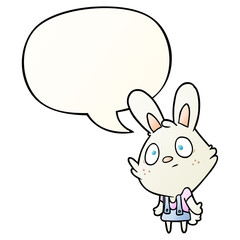 cute cartoon rabbit shrugging shoulders and speech bubble in smooth gradient style