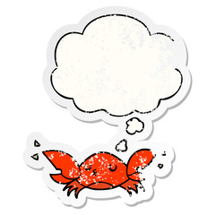 cartoon crab and thought bubble as a distressed worn sticker