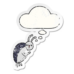 cartoon beetle and thought bubble as a distressed worn sticker