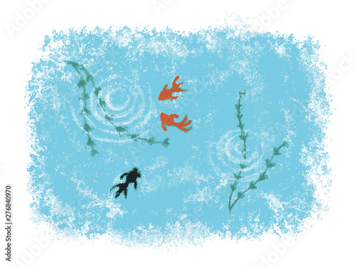 パステル画風金魚と水草の夏のイメージイラスト Wall Mural Michikodesign