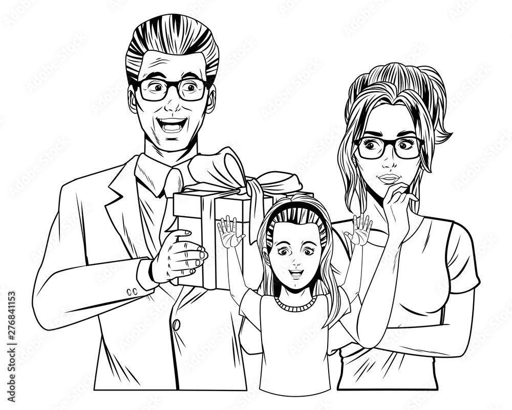 Wall mural family avatar with gift box in black and white