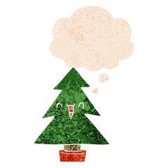 cartoon christmas tree and thought bubble in retro textured style
