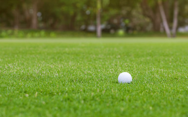 White Golf ball on green course to be shot on blurred beautiful landscape of golf course in bright day time with copy space. Sport, Recreation, Relax in holiday concept	