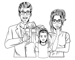 family avatar with gift box in black and white