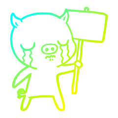 cold gradient line drawing cartoon crying pig with sign post