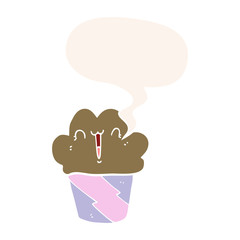 cartoon cupcake and face and speech bubble in retro style