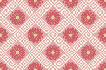 Japanese traditional geometric pattern and flowers vector background