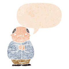 cartoon balding man and speech bubble in retro textured style