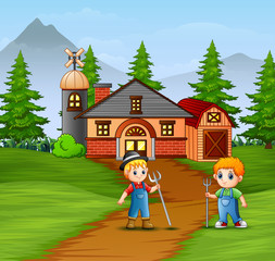 Farmers working in the farmhouse background