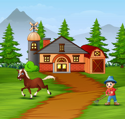 Obraz na płótnie Canvas Farmer with farm animals on the farmhouse background