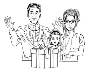 family avatar with gift box in black and white