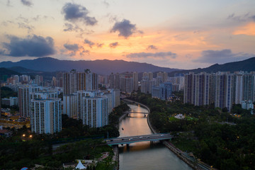 Top view of Hong Kong residential district at sunset time
