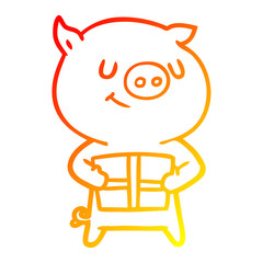 warm gradient line drawing happy cartoon pig with christmas present
