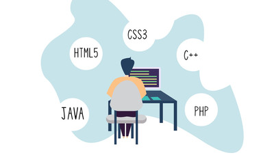 Man working in different languages illustration