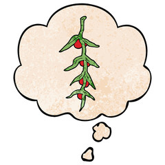 cartoon plant and thought bubble in grunge texture pattern style