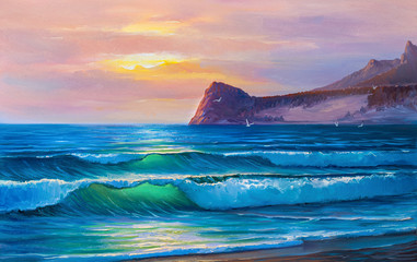 Sunset on the sea, painting by oil on canvas.
