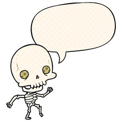 cute cartoon dancing skeleton and speech bubble in comic book style