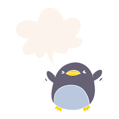 cute cartoon penguin flapping wings and speech bubble in retro style