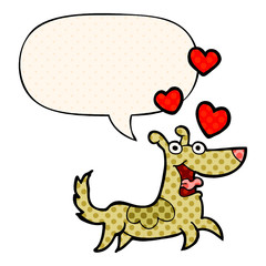 cartoon dog and love hearts and speech bubble in comic book style