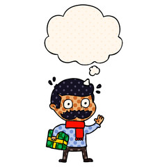cartoon man with mustache and christmas present and thought bubble in comic book style