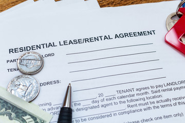 House, home, property, real estate lease rental contract agreement pen money coins keys wooden background, expenses, buying, investment, finance, savings, concept close up