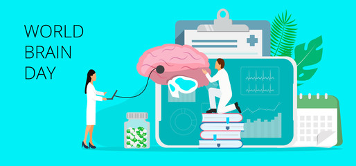 World brain day in 22 July concept. Neurology healthcare, dementia, alzheimer metaphor.  Anatomical science of brain and senses diseases,  for website and mobile website development, landing page.
