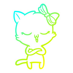 cold gradient line drawing cartoon cat with bow on head