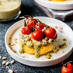 Fried Polenta with Pesto and Tomato