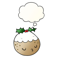 cute cartoon christmas pudding and thought bubble in smooth gradient style