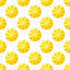 Seamless pattern with lemon slices and dots. Vector background.