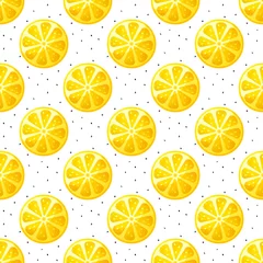 Foto op Plexiglas Citroen Naadloze patroon met plakjes citroen en stippen. Vectorachtergrond.