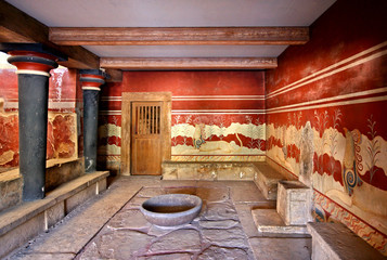 The hall of the throne in the Minoan Palace of Knossos, Heraklion, Crete, Greece.