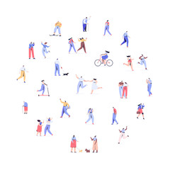 Fototapeta na wymiar Crowd of people arranged in circle shape. Men and women kit. Different walking and running people. Outdoor. Male and female. Flat vector characters isolated on white background. 