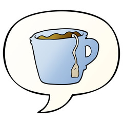 cartoon hot cup of tea and speech bubble in smooth gradient style