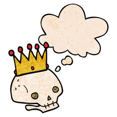 cartoon skull with crown and thought bubble in grunge texture pattern style
