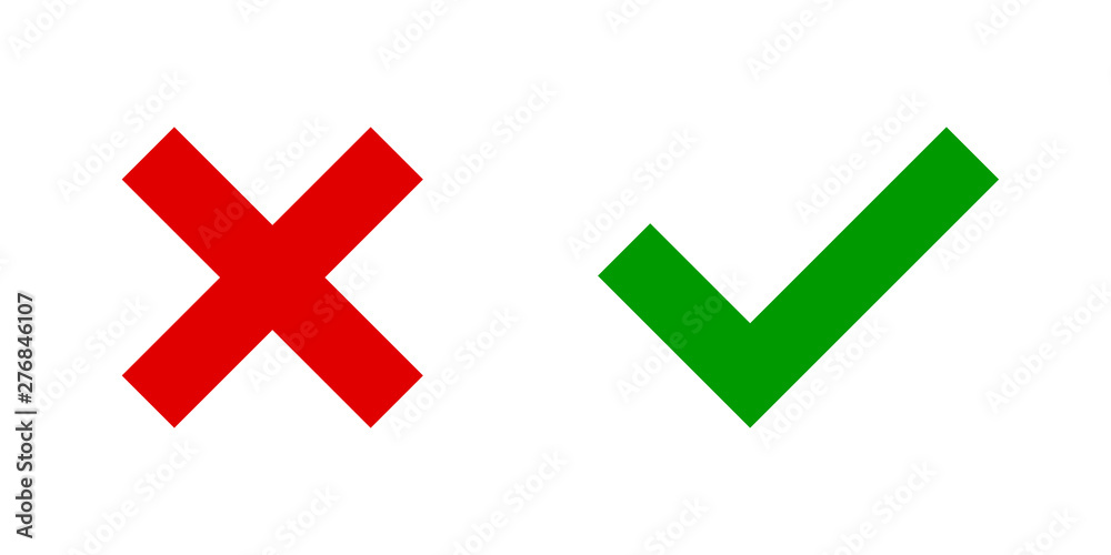 Poster Set of red X and green check mark icons. Cross and tick symbols isolated on white background.