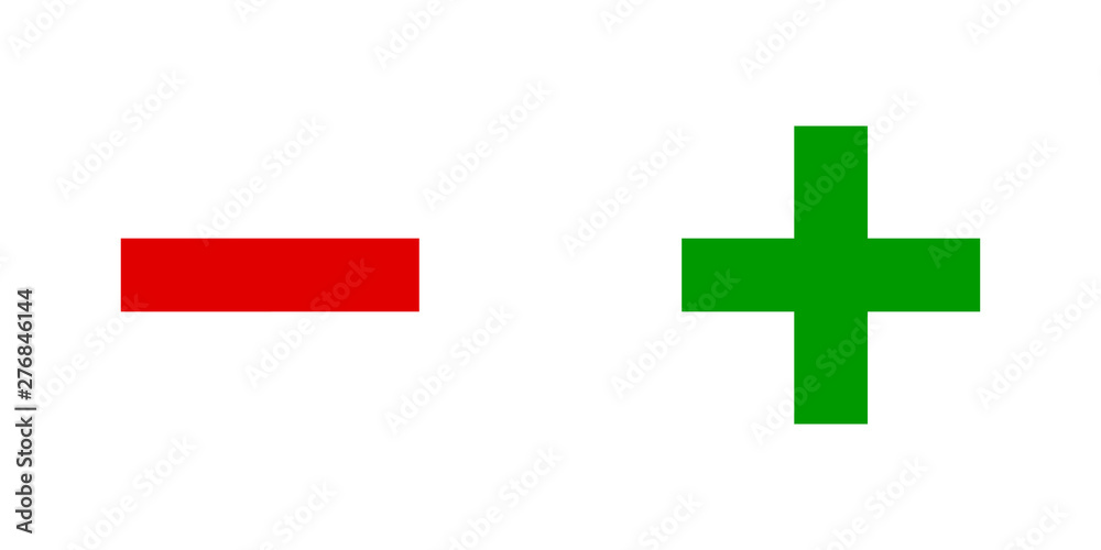 Poster set of red minus and green plus sign icons. negative and positive symbols isolated on white backgrou