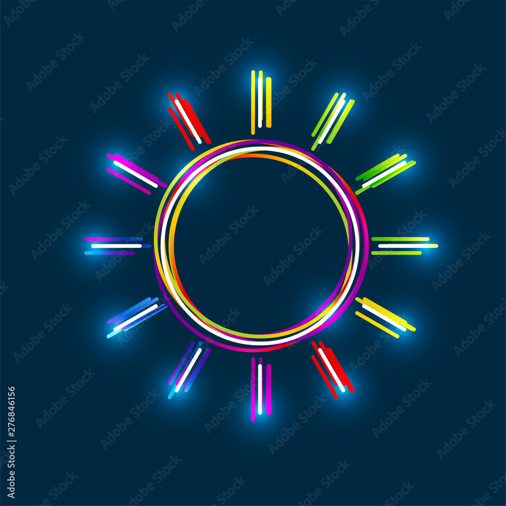 Poster abstract colorful multi-layered sun line icon with glowing light effect on blue background